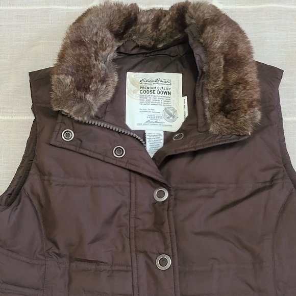 Eddie Bauer Vest size Small premium Goose Down Vest color brown faux fur removal - Picture 5 of 8